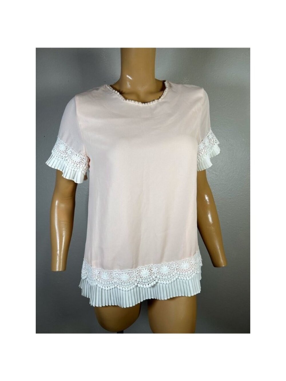 Vintage 1950s Womens Joni Blouse Xs Pink Baby Doll Short Sleeve Pleated Crochet